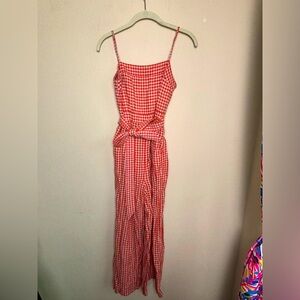 J. Crew 100% Linen Red & Gray Gingham Check Square Neck Jumpsuit With Pockets 4